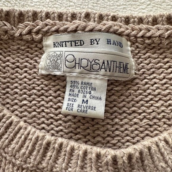 VNTG 80's Chrysantheme Cottagecore Cozy Beige Floral Padded Shoulder Sweater Med - Picture 8 of 9